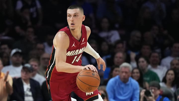 Nov 24, 2025; Miami, Florida, USA; Miami Heat guard Tyler Herro (14) brings the ball up the court against the Dallas Mavericks in the first half at Kaseya Center. Mandatory Credit: Jim Rassol-Imagn Images Nov 24, 2025; Miami, Florida, USA; Miami Heat guard Tyler Herro (14) brings the ball up the court against the Dallas Mavericks in the first half at Kaseya Center. Mandatory Credit: Jim Rassol-Imagn Images