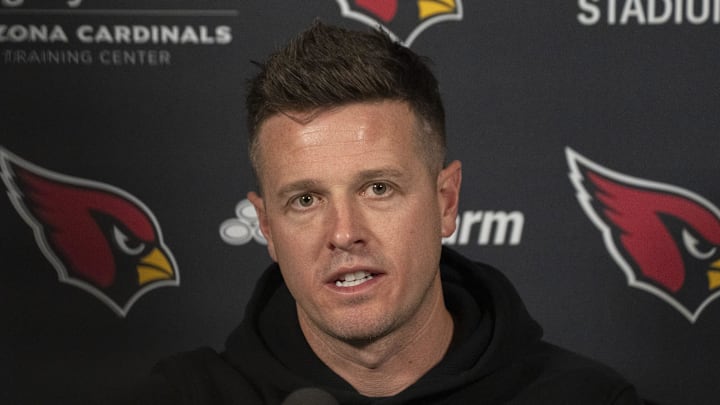 Mike LaFleur (head coach) answers questions during a news conference at the Arizona Cardinals training facility in Tempe on Feb. 18, 2026.