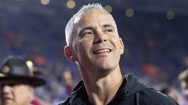 Florida State Seminoles head coach Mike Norvell smiles to the crowd after the game against the Florida Gators at Steve Spurrier Field at Ben Hill Griffin Stadium in Gainesville, FL on Saturday, November 25, 2023. [Matt Pendleton/Gainesville Sun]