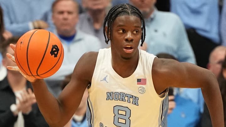 Feb 7, 2026; Chapel Hill, North Carolina, USA; North Carolina Tar Heels forward Caleb Wilson (8) with the ball in the second half at Dean E. Smith Center. Mandatory Credit: Bob Donnan-Imagn Images