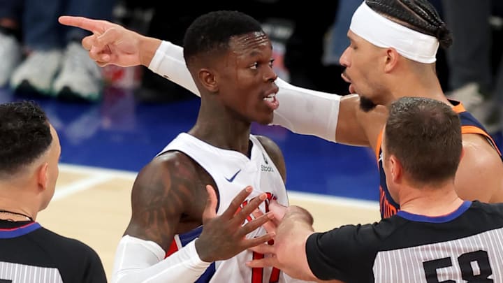 Apr 21, 2025; New York, New York, USA; Detroit Pistons guard Dennis Schroder (17) and New York Knicks guard Josh Hart (3) are separated by referees Ray Acosta (54) and Josh Tiven (58) during the fourth quarter of game two of the first round of the 2024 NBA Playoffs at Madison Square Garden. Mandatory Credit: Brad Penner-Imagn Images