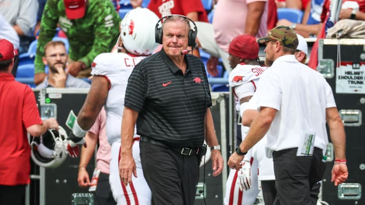 Sep 20, 2025; Memphis, Tennessee, USA; Arkansas Razorbacks head coach Sam Pittman looks on against the Memphis Tigers during the second half at Simmons Bank Liberty Stadium. Mandatory Credit: Wesley Hale-Imagn Images