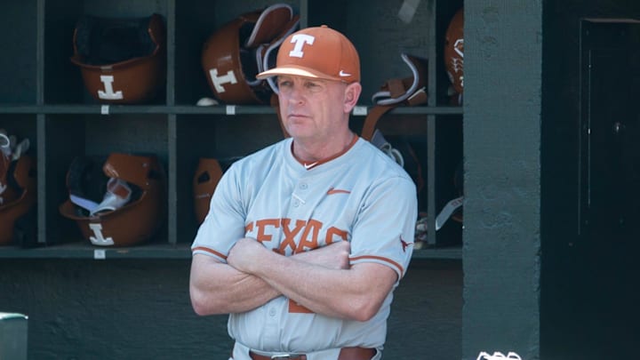Texas Longhorns head coach Jim Schlossnagle watches as the Auburn Tigers take on Texas Longhorns. 
