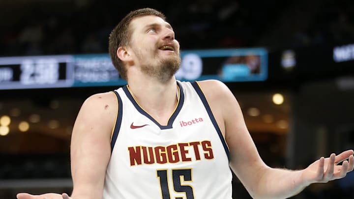 Mar 18, 2026; Memphis, Tennessee, USA; Denver Nuggets center Nikola Jokic (15) reacts during the second quarter against the Memphis Grizzlies at FedExForum. Mandatory Credit: Petre Thomas-Imagn Images