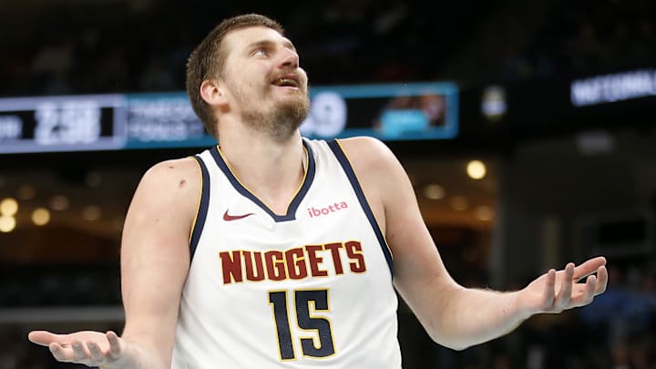 Mar 18, 2026; Memphis, Tennessee, USA; Denver Nuggets center Nikola Jokic (15) reacts during the second quarter against the Memphis Grizzlies at FedExForum. Mandatory Credit: Petre Thomas-Imagn Images