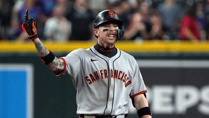 Sep 17, 2025; Phoenix, Arizona, USA; San Francisco Giants second base Christian Koss (50) reacts after hitting a two run double against the Arizona Diamondbacks in the eleventh inning at Chase Field. Mandatory Credit: Rick Scuteri-Imagn Images