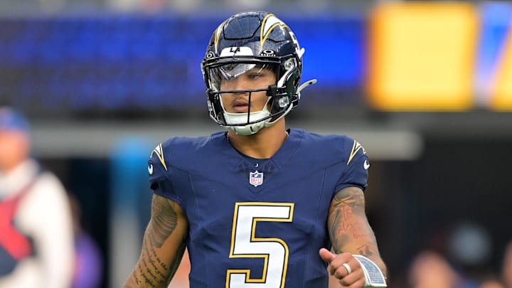 Nov 30, 2025; Inglewood, California, USA; Los Angeles Chargers quarterback Trey Lance (5) during the first half at SoFi Stadium. Mandatory Credit: Jayne Kamin-Oncea-Imagn Images