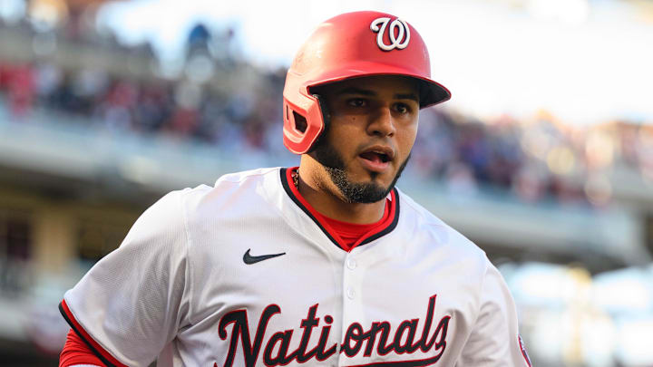 Mar 27, 2025; Washington, District of Columbia, USA; Washington Nationals catcher Keibert Ruiz (20) reacts after hitting a home run during the fifth inning against the Philadelphia Phillies at Nationals Park