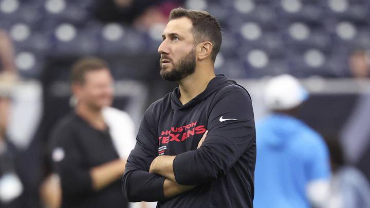 Aug 16, 2025; Houston, Texas, USA; Houston Texans offensive coordinator Nick Caley stands on the field before the game against the Carolina Panthers at NRG Stadium. Mandatory Credit: Troy Taormina-Imagn Images