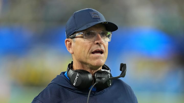 Dec 8, 2025; Inglewood, California, USA;  Los Angeles Chargers head coach Jim Harbaugh reacts in the first half against the Philadelphia Eagles at SoFi Stadium. Mandatory Credit: Kirby Lee-Imagn Images