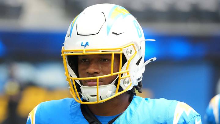 Aug 10, 2025; Inglewood, California, USA; Los Angeles Chargers running back Omarion Hampton (8) reacts before the game against the New Orleans Saints at SoFi Stadium. Mandatory Credit: Kirby Lee-Imagn Images