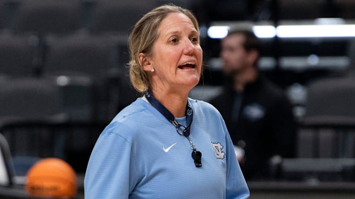 North Carolina Tar Heels head coach Courtney Banghart talks with her team during practice before their Sweet 16 matchup with Duke at Legacy Arena in Birmingham, Ala., on Thursday, March 27, 2025.