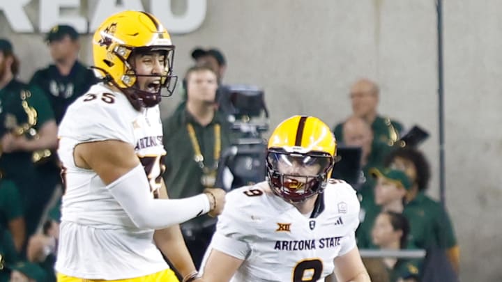 Sep 20, 2025; Waco, Texas, USA; Arizona State Sun Devils place kicker Jesus Gomez (35) reacts after kicking the game-winning field goal in the closing seconds of the second half against the Baylor Bears at McLane Stadium. Mandatory Credit: Chris Jones-Imagn Images