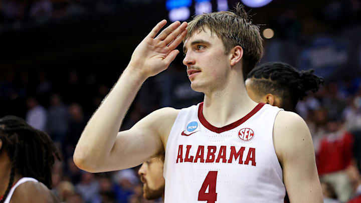 Mar 27, 2025; Newark, NJ, USA; Alabama Crimson Tide forward Grant Nelson (4) celebrates during the second half against the Brigham Young Cougars during an East Regional semifinal of the 2025 NCAA tournament at Prudential Center. Mandatory Credit: Vincent Carchietta-Imagn Images Mar 27, 2025; Newark, NJ, USA; Alabama Crimson Tide forward Grant Nelson (4) celebrates during the second half against the Brigham Young Cougars during an East Regional semifinal of the 2025 NCAA tournament at Prudential Center. Mandatory Credit: Vincent Carchietta-Imagn Images