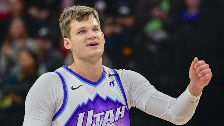 Oct 16, 2025; Salt Lake City, Utah, USA; Utah Jazz center Walker Kessler (24) smiles after making a great play during the first half against the Portland Trail Blazers at Delta Center. Mandatory Credit: Peter Creveling-Imagn Images
