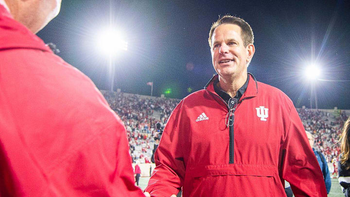 Indiana coach Curt Cignetti celebrates defeating Michigan at Memorial Stadium.