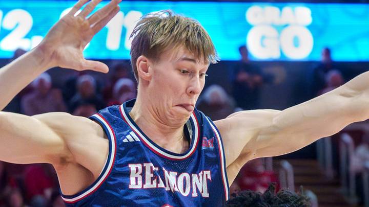 Belmont's Drew Scharnowski (11) and Isaiah West (3) guard Bradley's Jaquan Johnson in the first half of their college basketball game Monday, Feb. 9, 2026 at Carver Arena in Peoria. The Braves defeated the Bruins 95-84. Belmont's Drew Scharnowski (11) and Isaiah West (3) guard Bradley's Jaquan Johnson in the first half of their college basketball game Monday, Feb. 9, 2026 at Carver Arena in Peoria. The Braves defeated the Bruins 95-84.