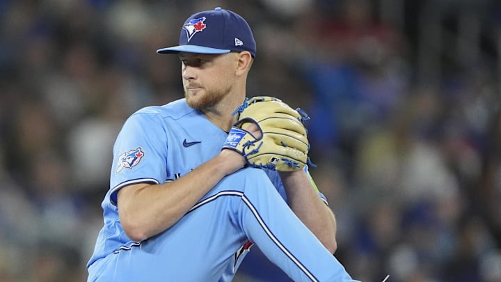 Apr 29, 2026; Toronto, Ontario, CAN; Toronto Blue Jays starting pitcher Eric Lauer (56) pitches to the Boston Red Sox during the fourth inning at Rogers Centre. Mandatory Credit: John E. Sokolowski-Imagn Images