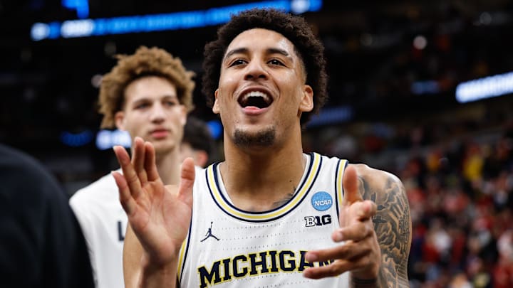 Mar 27, 2026; Chicago, IL, USA; Michigan Wolverines forward Yaxel Lendeborg (23) reacts after defeating the Alabama Crimson Tide in a Sweet Sixteen game of the Midwest Regional of the men's 2026 NCAA Tournament at United Center. Mandatory Credit: Kamil Krzaczynski-Imagn Images