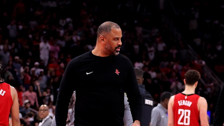 Dec 29, 2024; Houston, Texas, USA; Houston Rockets head coach Ime Udoka (left) leaves the court after being ejected against the Miami Heat during the fourth quarter at Toyota Center. Mandatory Credit: Erik Williams-Imagn Images Dec 29, 2024; Houston, Texas, USA; Houston Rockets head coach Ime Udoka (left) leaves the court after being ejected against the Miami Heat during the fourth quarter at Toyota Center. Mandatory Credit: Erik Williams-Imagn Images