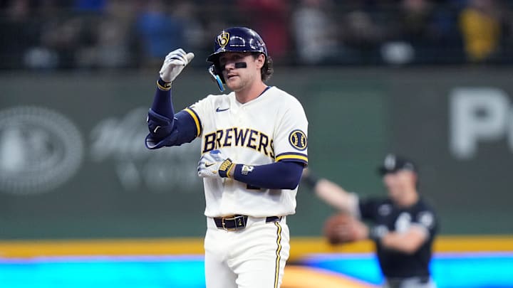 Milwaukee Brewers second baseman Brice Turang (2) doubles to center during the first inning of the Opening Day game against the Chicago White Sox on Thursday March 26, 2026 at American Family Field in Milwaukee, Wisconsin.