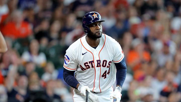 May 16, 2026; Houston, Texas, USA; Houston Astros designated hitter Yordan Alvarez (44) hits a home run to right field against the Texas Rangers during the first inning at Daikin Park. Mandatory Credit: Erik Williams-Imagn Images