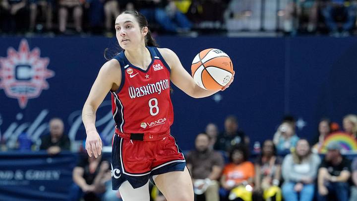 Jun 26, 2026; Uncasville, Connecticut, USA; Washington Mystics guard Georgia Amoore (8) dribbles the ball against the Connecticut Sun during the first half at Mohegan Sun Arena. Mandatory Credit: Gregory Fisher-Imagn Images Jun 26, 2026; Uncasville, Connecticut, USA; Washington Mystics guard Georgia Amoore (8) dribbles the ball against the Connecticut Sun during the first half at Mohegan Sun Arena. Mandatory Credit: Gregory Fisher-Imagn Images