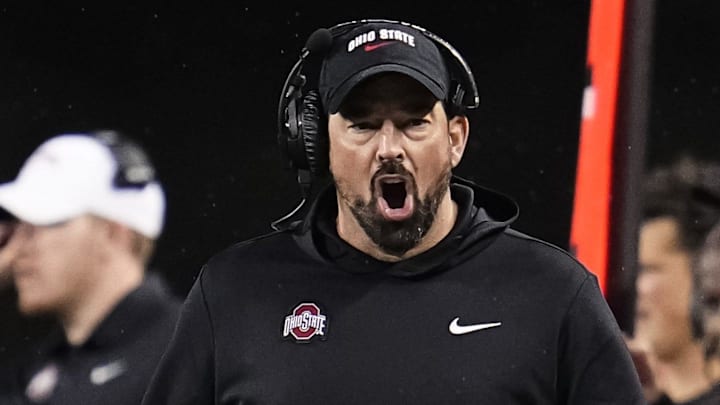Ohio State Buckeyes head coach Ryan Day yells during the NCAA football game against the UCLA Bruins at Ohio Stadium in Columbus on Nov. 15, 2025. Ohio State Buckeyes head coach Ryan Day yells during the NCAA football game against the UCLA Bruins at Ohio Stadium in Columbus on Nov. 15, 2025.