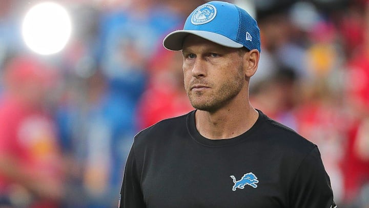 Former Detroit Lions offensive coordinator Ben Johnson watches warm up ahead of the season opener against the Kansas City Chiefs at Arrowhead Stadium in Kansas City, Mo. on Thursday, Sept. 7, 2023.