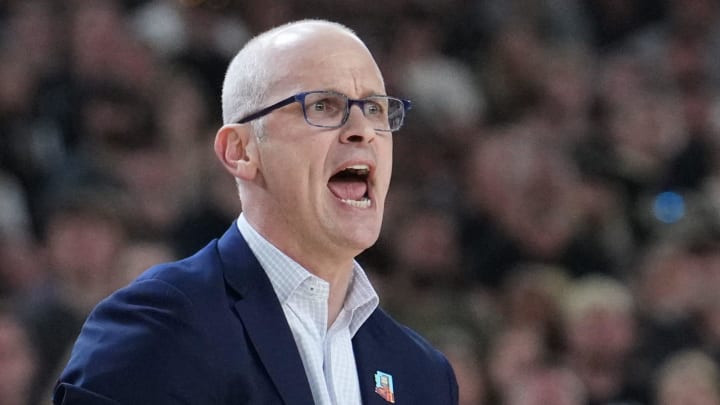 Connecticut Huskies head coach Dan Hurley shouts at his team during the Men's NCAA national championship game against the Purdue Boilermakers at State Farm Stadium in Glendale on April 8, 2024. Connecticut Huskies head coach Dan Hurley shouts at his team during the Men's NCAA national championship game against the Purdue Boilermakers at State Farm Stadium in Glendale on April 8, 2024.
