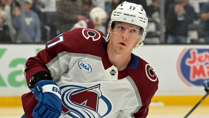 Apr 23, 2026; Los Angeles, California, USA; Colorado Avalanche center Parker Kelly (17) warms up prior to game three of the first round of the 2026 Stanley Cup Playoffs against the Los Angeles Kings at Crypto.com Arena. Mandatory Credit: Jayne Kamin-Oncea-Imagn Images