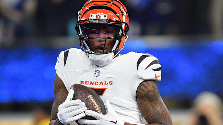 Nov 17, 2024; Inglewood, California, USA; Cincinnati Bengals wide receiver Tee Higgins (5) catches a pass for a touchdown against the Los Angeles Chargers during the second half at SoFi Stadium. Mandatory Credit: Gary A. Vasquez-Imagn Images