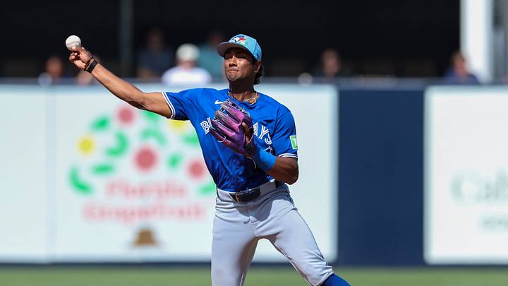 Feb 28, 2026; Tampa, Florida, USA; Toronto Blue Jays shortstop Arjun Nimmala (18) throws to first fro an out against the New York Yankees in the fourth inning during spring training at George M. Steinbrenner Field. Mandatory Credit: Nathan Ray Seebeck-Imagn Images Feb 28, 2026; Tampa, Florida, USA; Toronto Blue Jays shortstop Arjun Nimmala (18) throws to first fro an out against the New York Yankees in the fourth inning during spring training at George M. Steinbrenner Field. Mandatory Credit: Nathan Ray Seebeck-Imagn Images