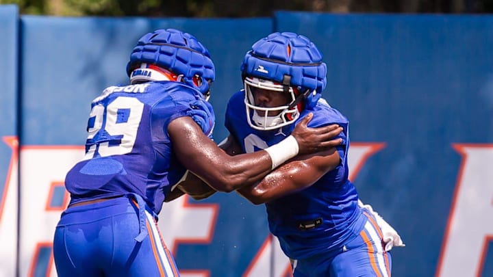 Florida Gators inside linebacker Jaden Robinson (29) and Florida Gators inside linebacker Shemar James (6) run a drill during Fall practice at Sanders Practice Fields in Gainesville, FL on Thursday, August 8, 2024. [Doug Engle/Gainesville Sun]