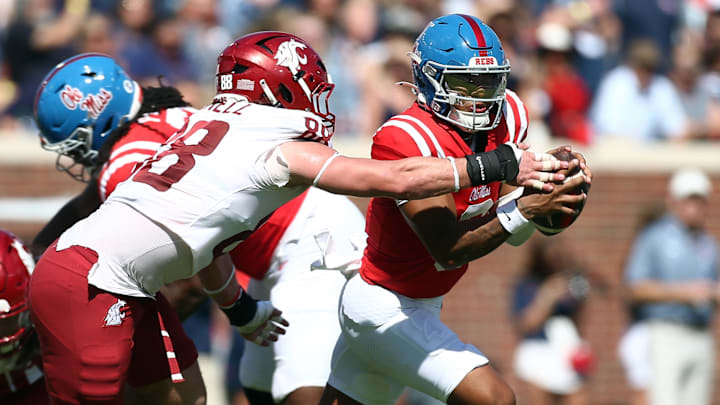 Washington State Cougars defensive end Isaac Terrell (88) forces Mississippi Rebels quarterback Trinidad Chambliss (6) to fumble during the second quarter at Vaught-Hemingway Stadium.