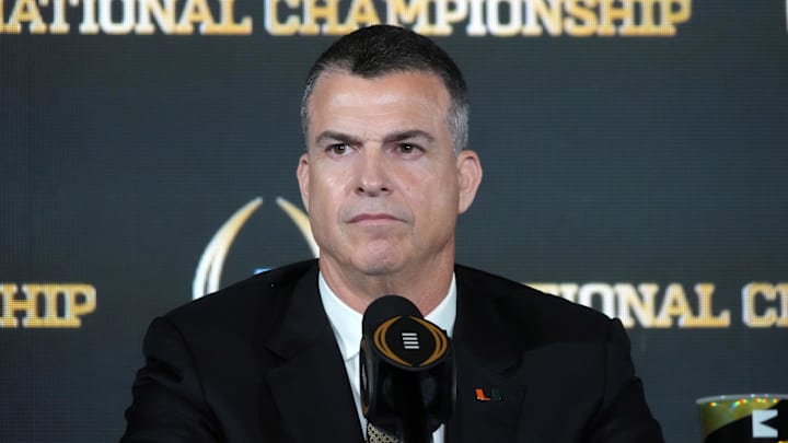 Jan 18, 2026; Miami, FL, USA; Miami Hurricanes coach Mario Cristobal at the CFP head coaches press conference at JW Marriott Marquis Miami. Mandatory Credit: Kirby Lee-Imagn Images