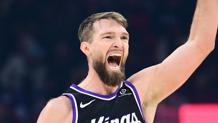 Jan 23, 2026; Cleveland, Ohio, USA; Sacramento Kings forward Domantas Sabonis (11) celebrates after hitting a three point basket against the Cleveland Cavaliers during the first half at Rocket Arena. Mandatory Credit: Ken Blaze-Imagn Images Jan 23, 2026; Cleveland, Ohio, USA; Sacramento Kings forward Domantas Sabonis (11) celebrates after hitting a three point basket against the Cleveland Cavaliers during the first half at Rocket Arena. Mandatory Credit: Ken Blaze-Imagn Images