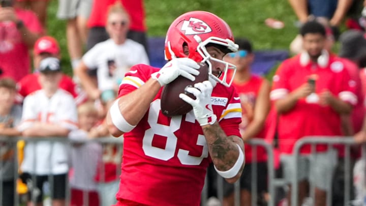 Jul 22, 2025; St. Joseph, MO, USA; Kansas City Chiefs tight end Noah Gray (83) catches a pass during training camp at Missouri Western State University. Mandatory Credit: Denny Medley-Imagn Images