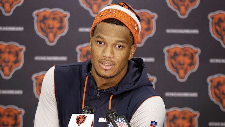 Chicago Bears wide receiver DJ Moore (2) speaks during minicamp at Halas Hall.
