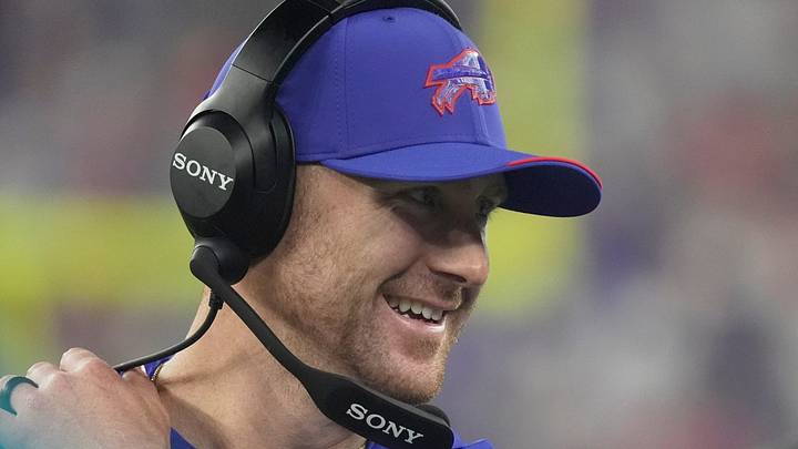 Buffalo Bills head coach Joe Brady is relaxed on the sidelines before the Bills home opener game against the Detroit Lions on Sept. 17, 2026.