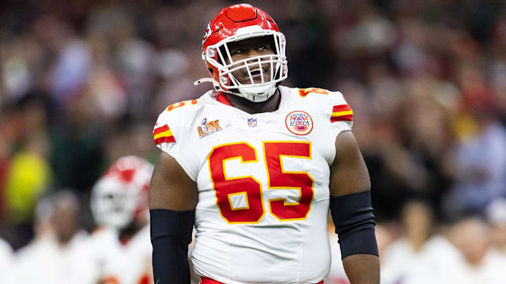 Feb 9, 2025; New Orleans, LA, USA;  Kansas City Chiefs guard Trey Smith (65) against the Philadelphia Eagles in Super Bowl LIX at Ceasars Superdome. Mandatory Credit: Mark J. Rebilas-Imagn Images