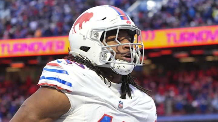 Nov 16, 2025; Orchard Park, New York, USA;  Buffalo Bills linebacker Dorian Williams (42) celebrates recovering a touchdown against the Tampa Bay Buccaneers during the second half of the game at Highmark Stadium. Mandatory Credit: Gregory Fisher-Imagn Images