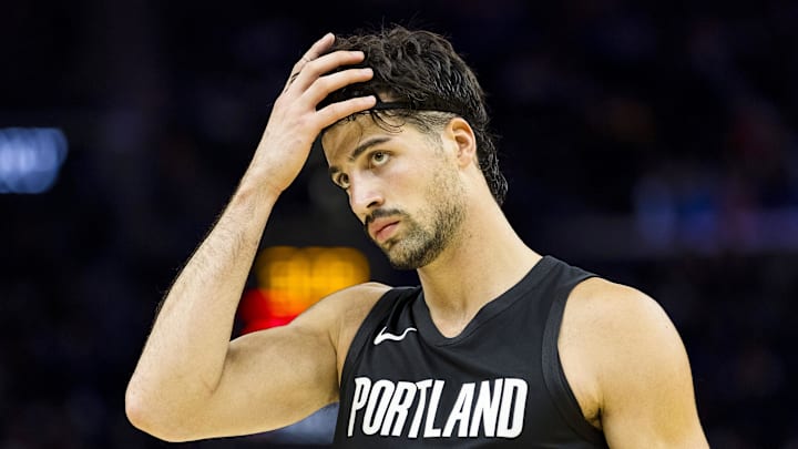 Oct 8, 2025; San Francisco, California, USA;  Portland Trail Blazers forward Deni Avdija (8) reacts during the second quarter against the Golden State Warriors at Chase Center. Mandatory Credit: John Hefti-Imagn Images