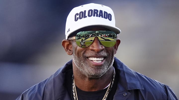 Nov 1, 2025; Boulder, Colorado, USA; Colorado Buffaloes head coach Deion Sanders before the game against the Arizona Wildcats at Folsom Field. Mandatory Credit: Ron Chenoy-Imagn Images