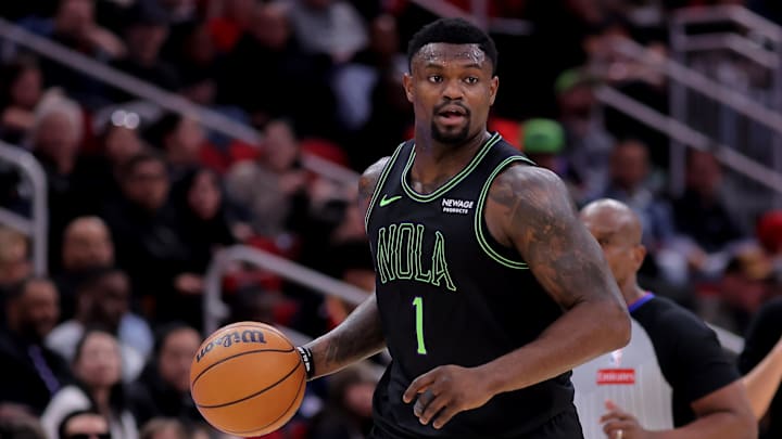 Jan 18, 2026; Houston, Texas, USA; New Orleans Pelicans forward Zion Williamson (1) dribbles against the Houston Rockets during the fourth quarter at Toyota Center. Mandatory Credit: Erik Williams-Imagn Images