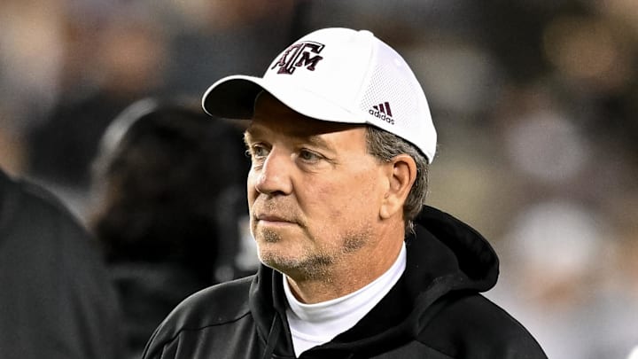 Texas A&M Aggies head coach Jimbo Fisher looks on during warm ups prior to the game against the Mississippi State Bulldogs at Kyle Field. Mandatory Credit: Maria Lysaker-Imagn Images