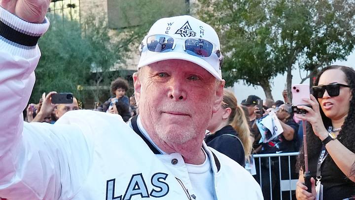 Oct 17, 2025; Las Vegas, NV, USA; Las Vegas Aces owner Mark Davis arrives on the red carpet during the Aces 2025 Championship celebration at Toshiba Plaza. Mandatory Credit: Stephen R. Sylvanie-Imagn Images