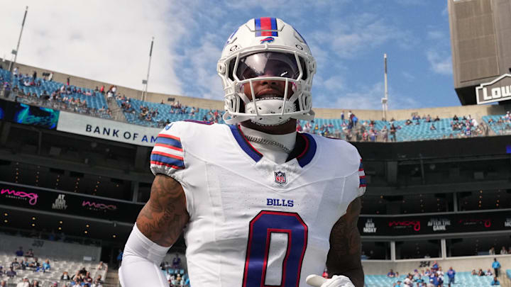 Oct 26, 2025; Charlotte, North Carolina, USA; Buffalo Bills wide reciever Keon Coleman (0) runs on to the field before the game at Bank of America Stadium. Mandatory Credit: Bob Donnan-Imagn Images