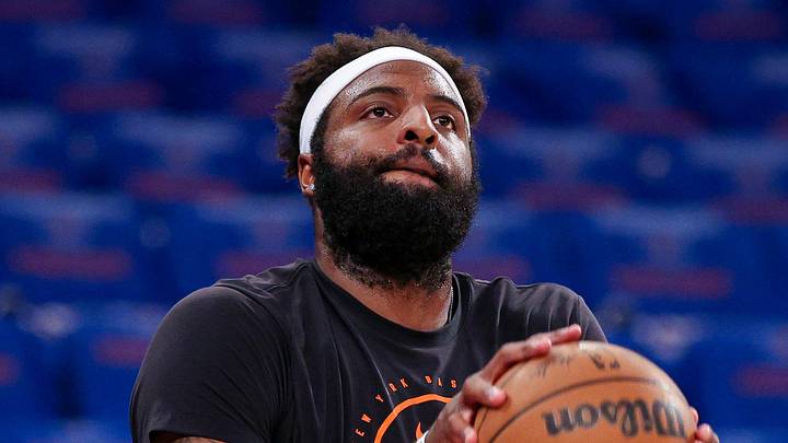 Apr 18, 2026; New York, New York, USA; New York Knicks center Mitchell Robinson (23) warms up before the 2026 NBA Playoffs game against the Atlanta Hawks at Madison Square Garden. Mandatory Credit: Vincent Carchietta-Imagn Images