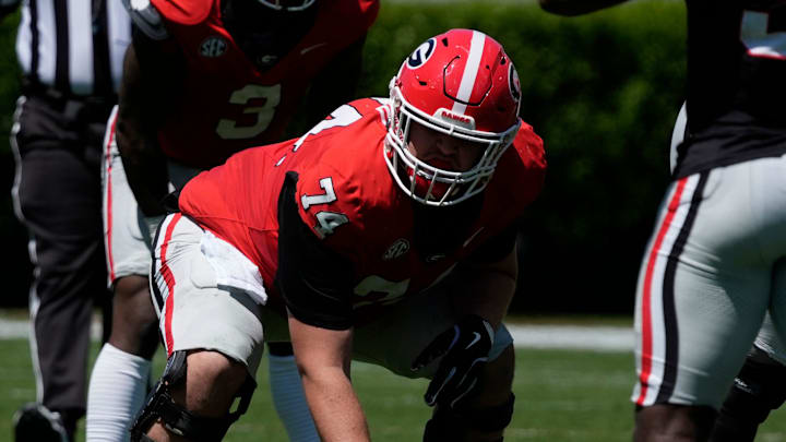 Georgia offensive lineman Drew Bobo (74) gets set to run a play during the Georgia G-Day spring football game in Athens, Ga., on Saturday, April 12, 2025.